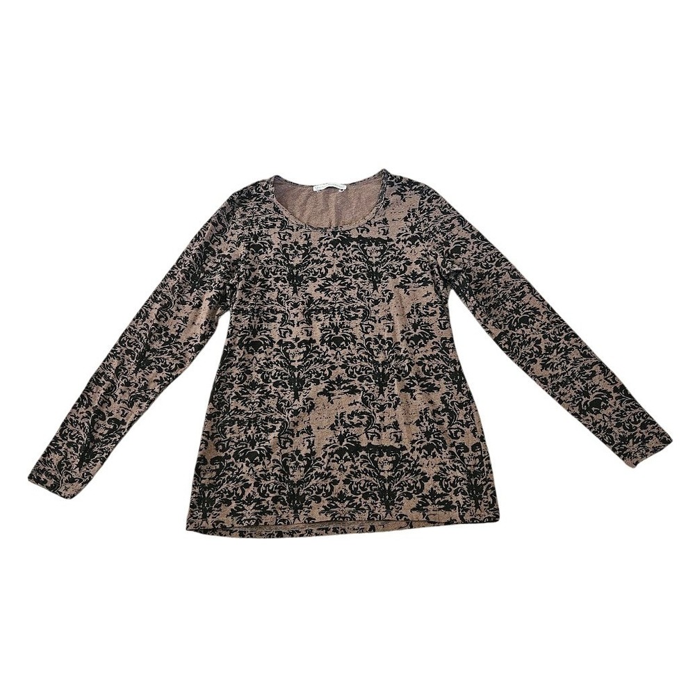 Peruvian Connection Womens Brown Black Damask Print Long Sleeve Cotton Top Large